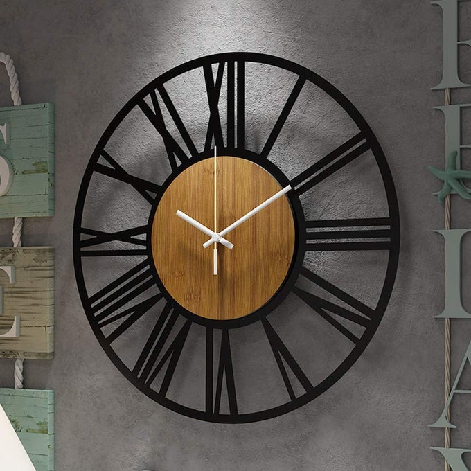 WALL CLOCKS FOR LIVING ROOM DECOR24 VINTAGEROUND SILENT NON TICKINGBLACK METALMODERN WOOD CLOCKS FOR HOME BEDROOMKITCHENGARDENOFFICECAFEMODERN WALL DECORATION ROMAN NUMERALS