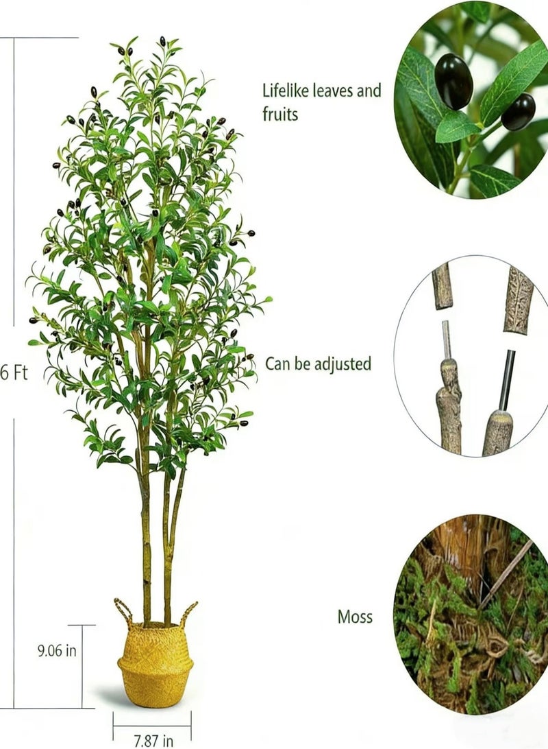 Artificial Olive Tree Potted Plant 6ft (180cm) Silk Tree, Perfect Potted Faux Plant with Straw Basket, for Indoor/Outdoor Home, Office, Garden Modern Décor and Housewarming Gift - Image 2