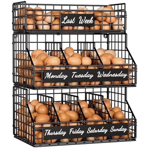 FAMIDGE Egg Holder Countertop with Dividers & Labels, 3 Tier Stackable Chicken Egg Holder Egg Baskets for Gathering Fresh Eggs, Egg Organizer for Egg Storage, Wall-Mounted, Black - Image 1