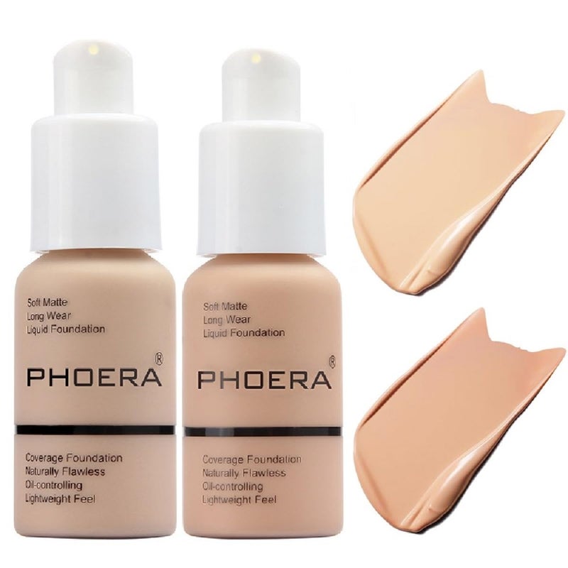 Meifen 2 Pack PHOERA Foundation 102# Nude 103# Warm Peach,Flawless Soft Matte Liquid Foundation 24 HR Oil Control Concealer Foundation Makeup. - Image 1