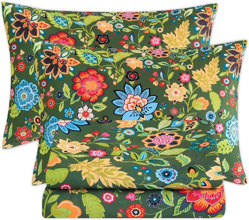 Bedlifes Queen Sheet Set Ultra Soft, Breathable, Silky Flower Deep Pocket 100% Microfiber Bedding, 4 Piece Queen Size with Floral Dark Green - Image 1