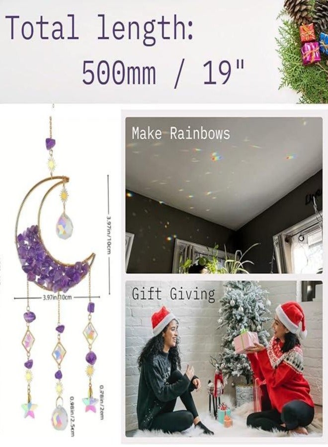 بلورات الجمشت Suncatcher - معلقة القمر الشمس الماسك مع المنشورات الزجاجية للنوافذ ، شفاء الجمشت ديكور الكريستال للمنزل ، هدية لعيد ميلاد عيد الميلاد عيد الحب - Image 3