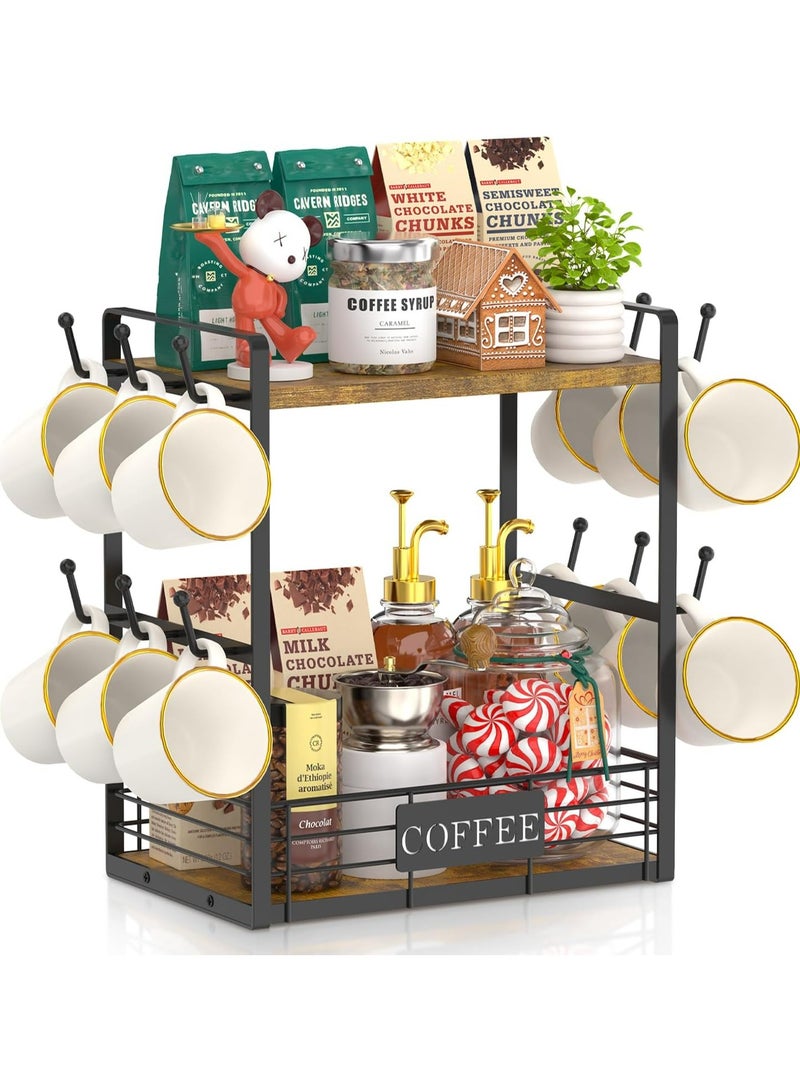 Oasisgalore 2-Tier Coffee Mug Cup Holder Stand Bar Station Organizer for Countertop, Multi-Functional 2 Tier Mug Tree Rack for Kitchen, Storage Shelf with 12 Hooks, Vintage Brown-Black(Patented Design) - Image 1
