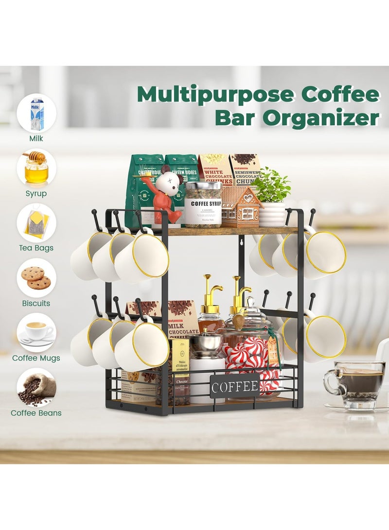 Oasisgalore 2-Tier Coffee Mug Cup Holder Stand Bar Station Organizer for Countertop, Multi-Functional 2 Tier Mug Tree Rack for Kitchen, Storage Shelf with 12 Hooks, Vintage Brown-Black(Patented Design) - Image 4