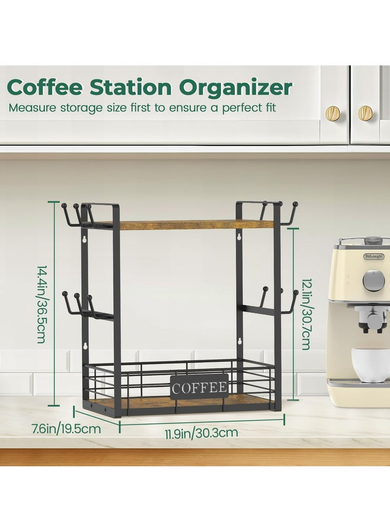 Oasisgalore 2-Tier Coffee Mug Cup Holder Stand Bar Station Organizer for Countertop, Multi-Functional 2 Tier Mug Tree Rack for Kitchen, Storage Shelf with 12 Hooks, Vintage Brown-Black(Patented Design) - Image 2
