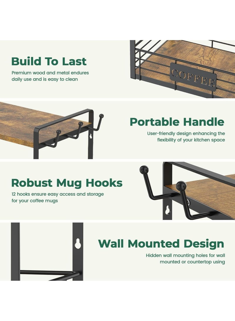 Oasisgalore 2-Tier Coffee Mug Cup Holder Stand Bar Station Organizer for Countertop, Multi-Functional 2 Tier Mug Tree Rack for Kitchen, Storage Shelf with 12 Hooks, Vintage Brown-Black(Patented Design) - Image 3