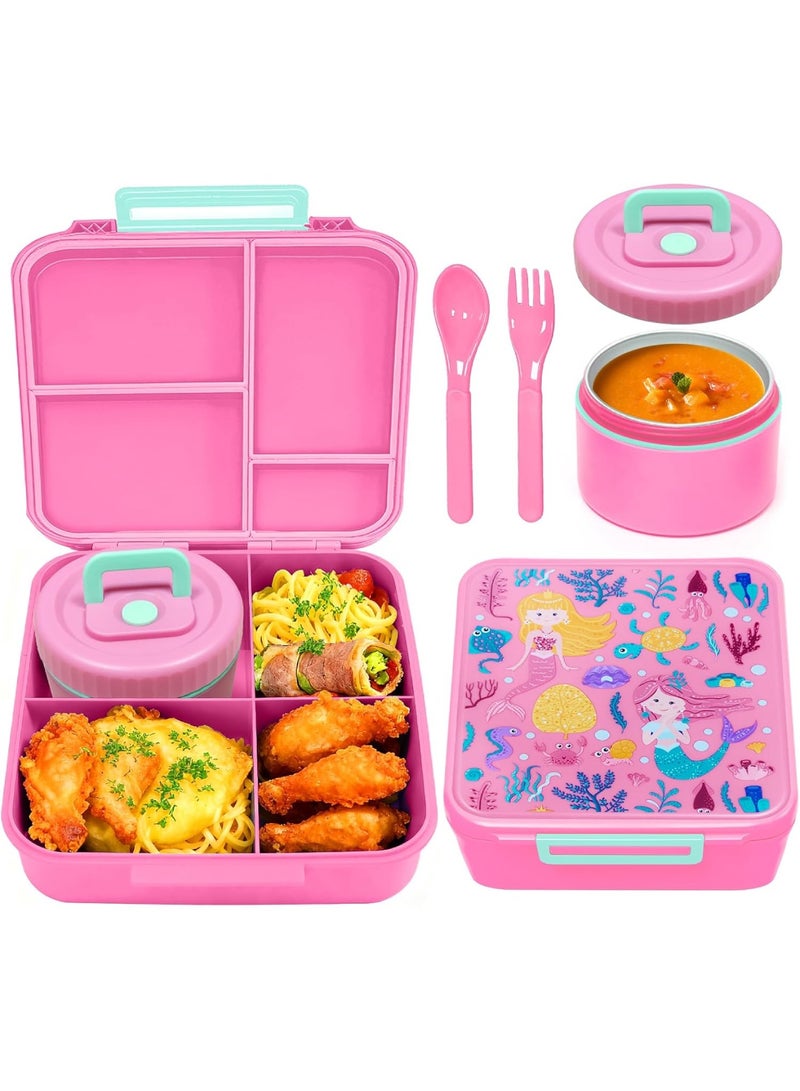 أداندو علبة غداء للأطفال، علبة غداء بينتو للأطفال بأربعة أقسام للطلاب من عمر 3 إلى 12 سنة، علبة غداء مانعة للتسرب مع وعاء شوربة حراري للبنات والأولاد، آمنة للاستخدام في الميكروويف وغسالة الصحون والفريزر وخالية من مادة BPA (لون وردي) - Image 1