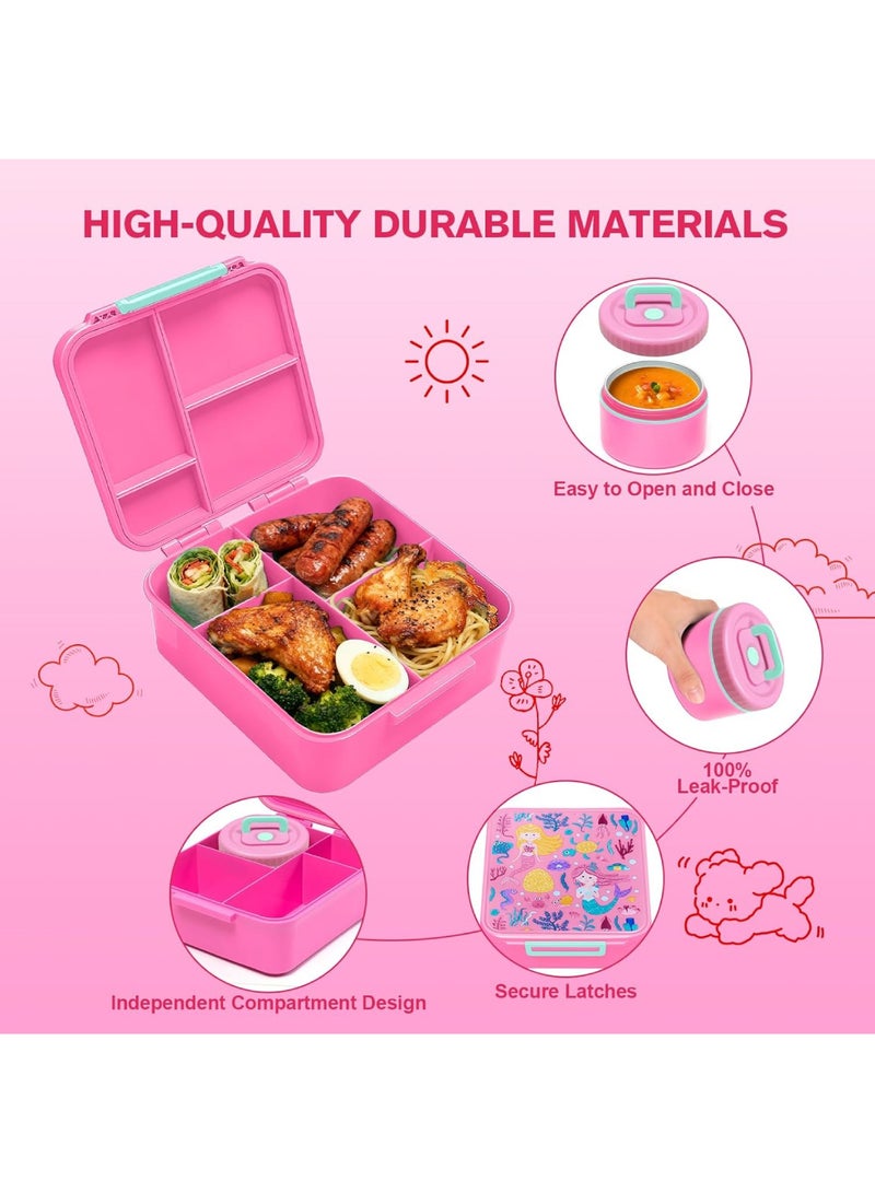 أداندو علبة غداء للأطفال، علبة غداء بينتو للأطفال بأربعة أقسام للطلاب من عمر 3 إلى 12 سنة، علبة غداء مانعة للتسرب مع وعاء شوربة حراري للبنات والأولاد، آمنة للاستخدام في الميكروويف وغسالة الصحون والفريزر وخالية من مادة BPA (لون وردي) - Image 3