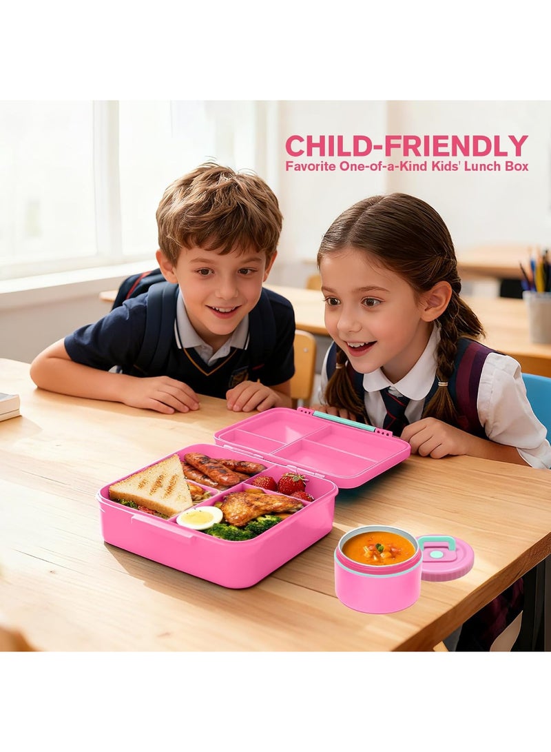 أداندو علبة غداء للأطفال، علبة غداء بينتو للأطفال بأربعة أقسام للطلاب من عمر 3 إلى 12 سنة، علبة غداء مانعة للتسرب مع وعاء شوربة حراري للبنات والأولاد، آمنة للاستخدام في الميكروويف وغسالة الصحون والفريزر وخالية من مادة BPA (لون وردي) - Image 5