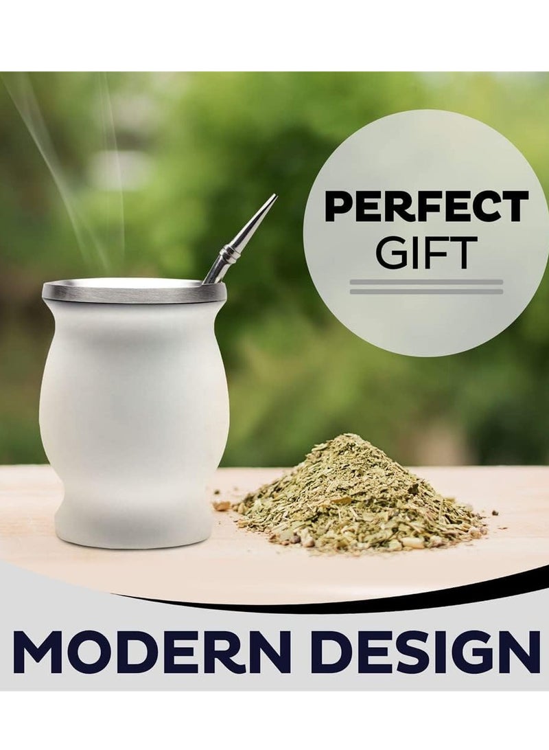 Bukela Yerba Mate Tea Cup, Stainless Steel Double Walled Easy Wash Household Insulation Cup, Mate Gourds for Yerba Mate Loose Leaf Drinking with Bombilla Straw, 230 Ml (White Color) - Image 2