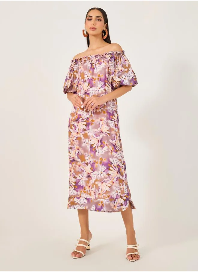 ستايلي All-Over Print Off Shoulder Neck A-Line Midi Dress