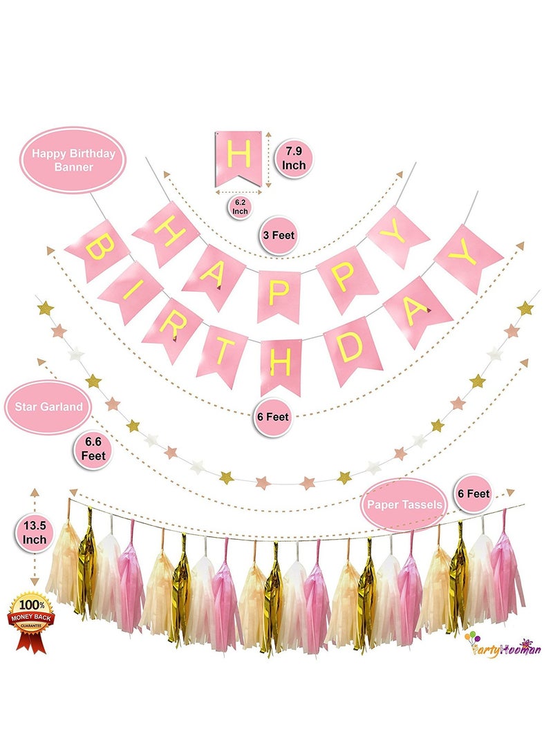 First Birthday Decorations for Girl 1st Baby Girl Number 1 Balloon One Cake Topper Happy Birthday Banner Star Garland Marble Pink/ Gold Confetti/ Heart balloons/ Paper Tassels Party - Image 5
