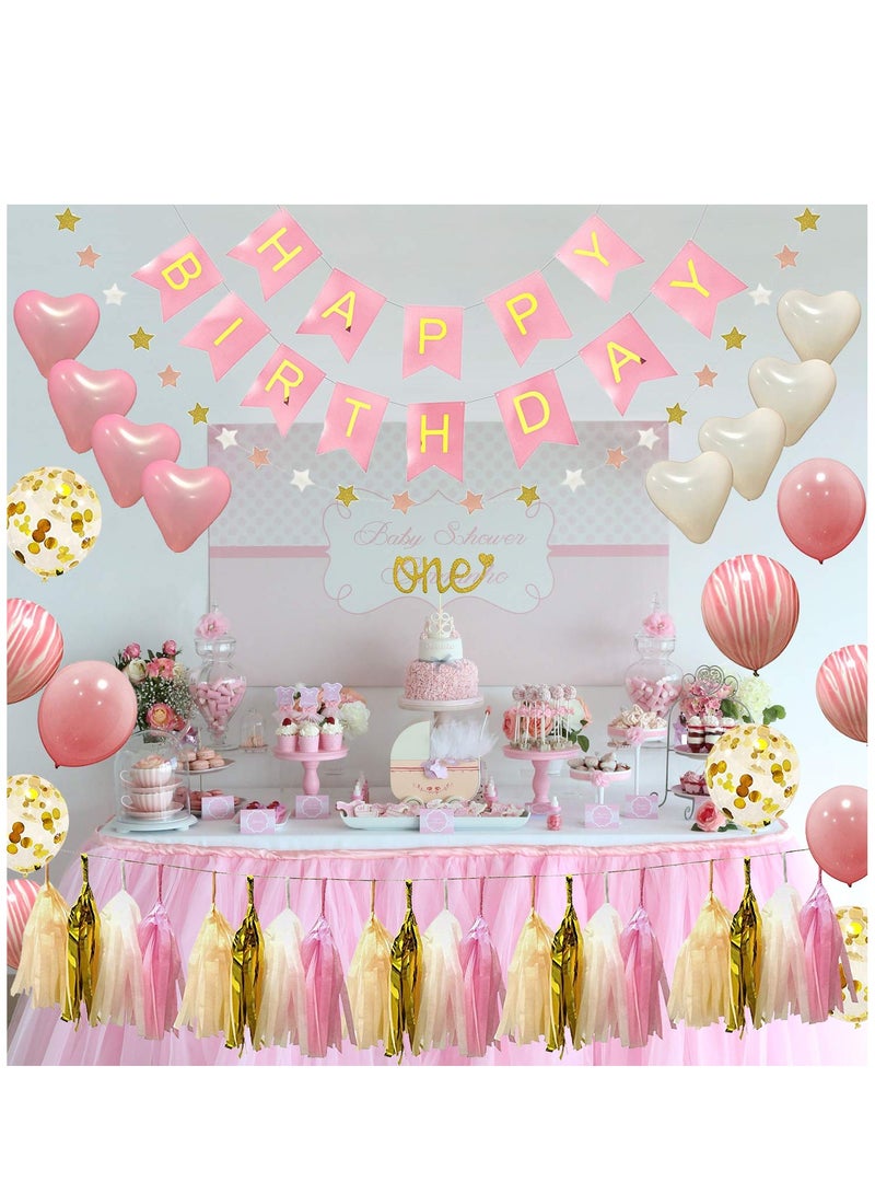 First Birthday Decorations for Girl 1st Baby Girl Number 1 Balloon One Cake Topper Happy Birthday Banner Star Garland Marble Pink/ Gold Confetti/ Heart balloons/ Paper Tassels Party - Image 2