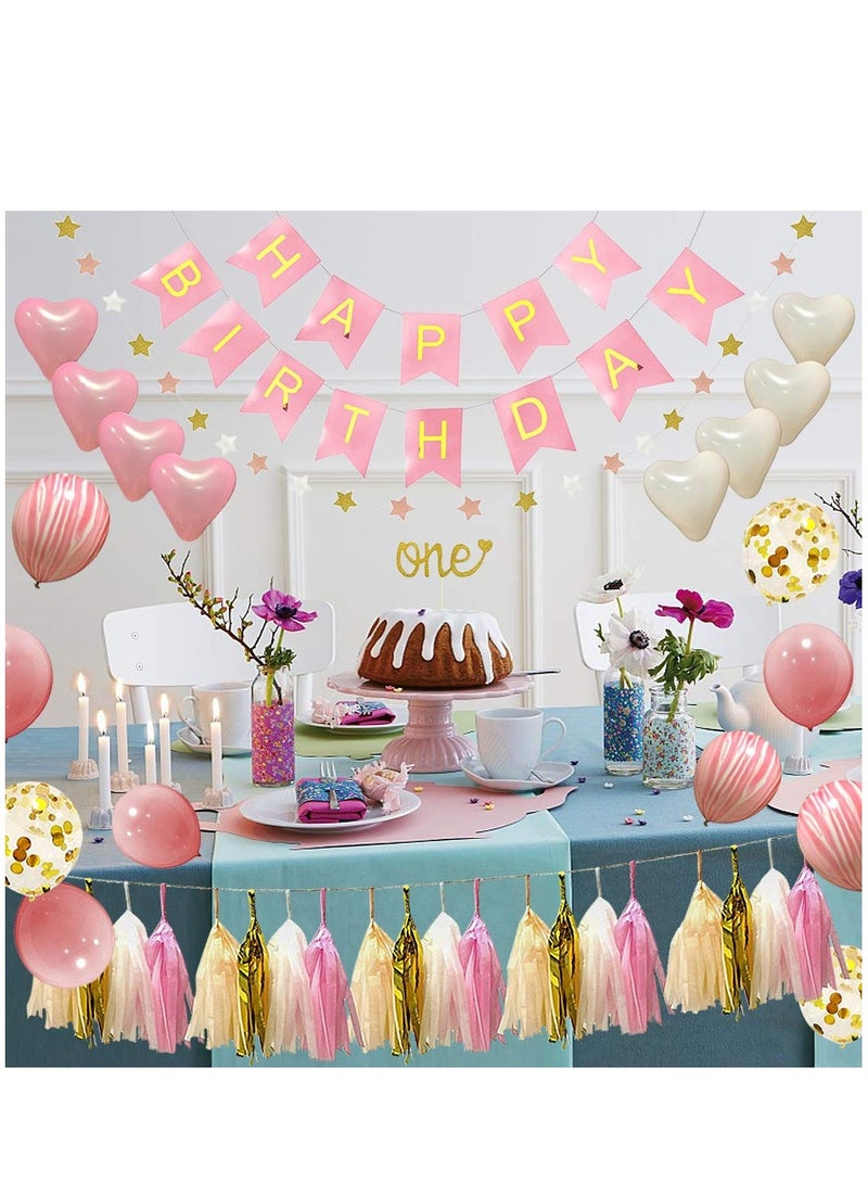 First Birthday Decorations for Girl 1st Baby Girl Number 1 Balloon One Cake Topper Happy Birthday Banner Star Garland Marble Pink/ Gold Confetti/ Heart balloons/ Paper Tassels Party - Image 4