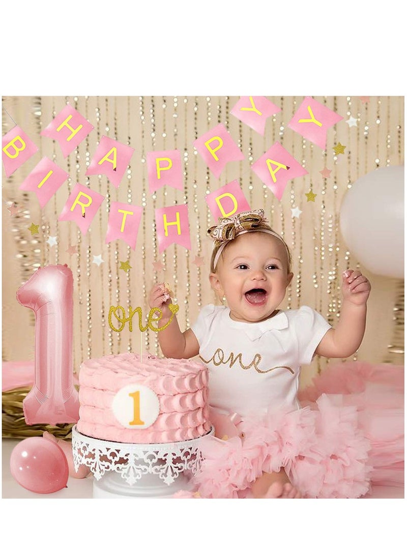 First Birthday Decorations for Girl 1st Baby Girl Number 1 Balloon One Cake Topper Happy Birthday Banner Star Garland Marble Pink/ Gold Confetti/ Heart balloons/ Paper Tassels Party - Image 3