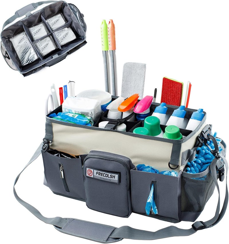 FRECOLSH Large Cleaning Supplies Organizer-Cleaning Caddy Organizer With Handles & Shoulder Strap-Cleaning Bags for Cleaning Suppliers-Housekeepers Wearable Cleaning Tote Upgraded Beige - Image 1
