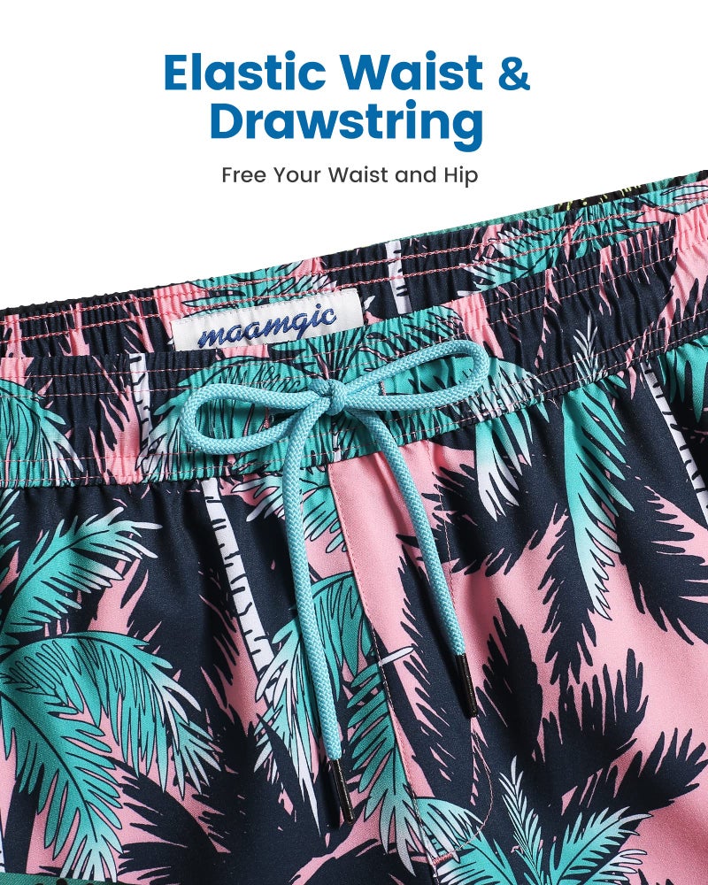 maamgic Mens Swim Trunks with Compression Liner 5 Inch, Quick Dry Bathing Suit with Zipper Pockets, Stretch No-Chafing Swim Shorts, Pink- Black Palm Large - Image 5