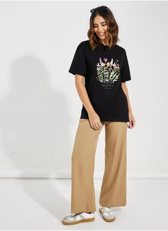 Styli Oversized Floral Graphic Print Dropped Shoulder T-Shirt