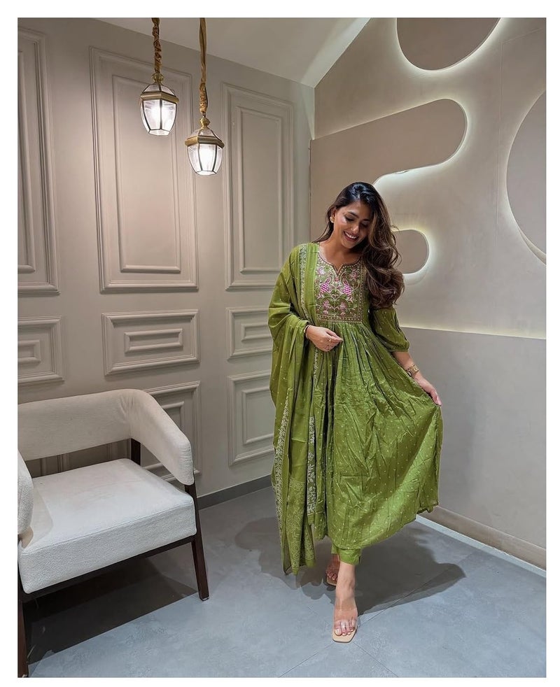 MILAAV Women's Cotton Kurta Set, V-Neck, 3/4 Sleeve, Straight Fit, 3 Piece, Olive Green with Embroidery (IN, Alpha, M, Regular, Standard, Green) - Image 2