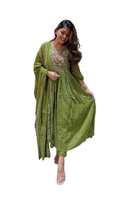 MILAAV Women's Cotton Kurta Set, V-Neck, 3/4 Sleeve, Straight Fit, 3 Piece, Olive Green with Embroidery (IN, Alpha, M, Regular, Standard, Green) - Image 1