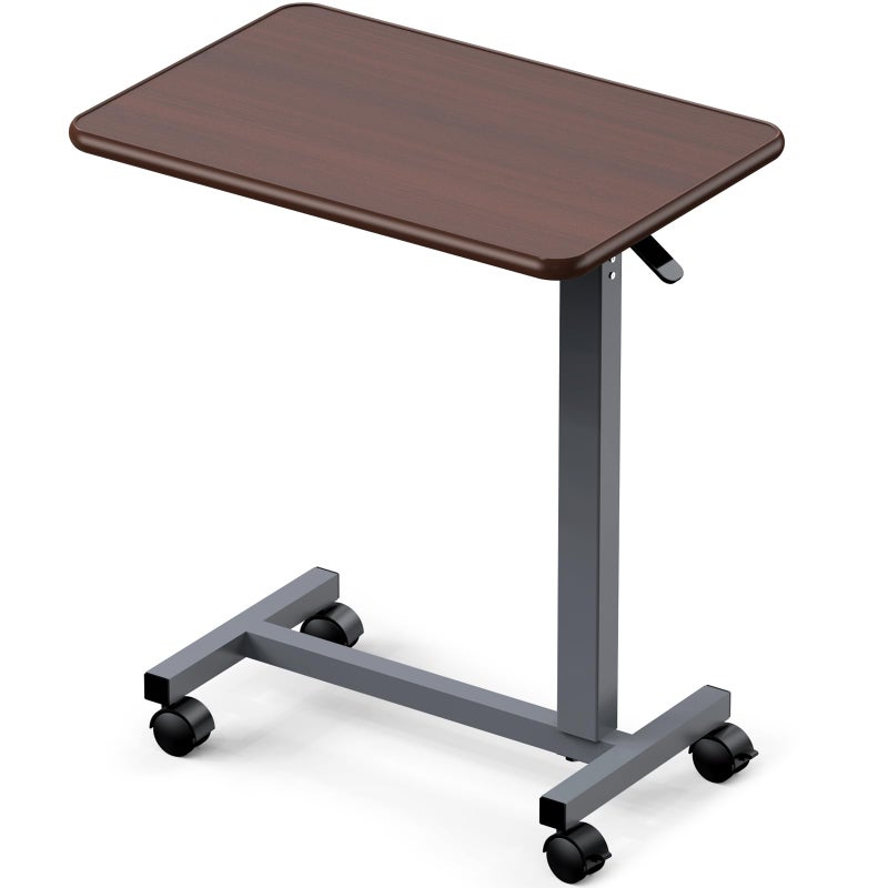 WOTURE Adjustable Overbed Table with Wheels, Bedside Rolling Table, Pneumatic Height Adjustment, Hospital Bed Table on Wheels, Standing Desk, Bedridden & Mobility Needs, Walnut - Image 1