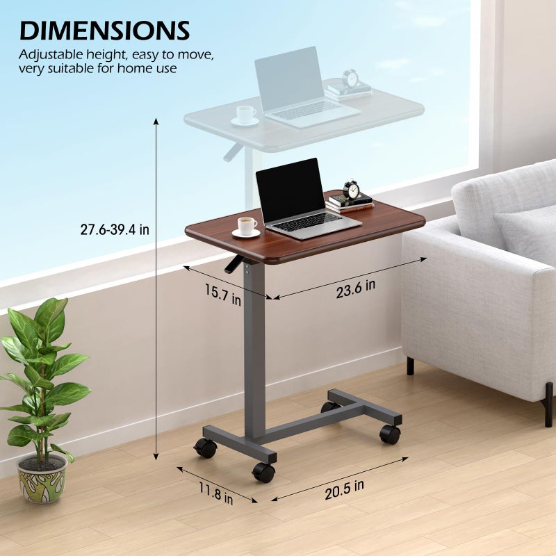 WOTURE Adjustable Overbed Table with Wheels, Bedside Rolling Table, Pneumatic Height Adjustment, Hospital Bed Table on Wheels, Standing Desk, Bedridden & Mobility Needs, Walnut - Image 2