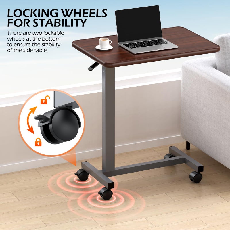 WOTURE Adjustable Overbed Table with Wheels, Bedside Rolling Table, Pneumatic Height Adjustment, Hospital Bed Table on Wheels, Standing Desk, Bedridden & Mobility Needs, Walnut - Image 4