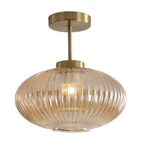 KCO Lighting Amber Bubble Glass Ceiling Light Mid Century Modern Semi Flush Mount Ceiling Lights Farmhouse Gold Flush Mount Ceiling Light Fixture Large for Hallway Entryway Porch - Image 1