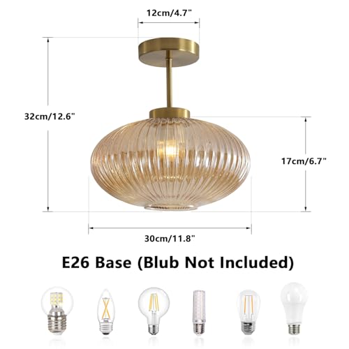 KCO Lighting Amber Bubble Glass Ceiling Light Mid Century Modern Semi Flush Mount Ceiling Lights Farmhouse Gold Flush Mount Ceiling Light Fixture Large for Hallway Entryway Porch - Image 2
