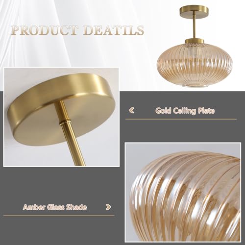 KCO Lighting Amber Bubble Glass Ceiling Light Mid Century Modern Semi Flush Mount Ceiling Lights Farmhouse Gold Flush Mount Ceiling Light Fixture Large for Hallway Entryway Porch - Image 3