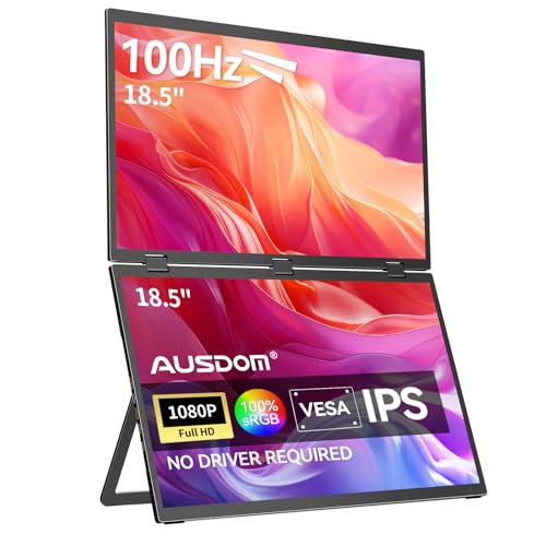 AUSDOM 18.5" Stacked Dual Portable Monitor for Laptop, 100Hz 1080P Foldable Screen Extender, 360° Folding Double External Display with Stand & VESA, USB-C, mini-HDMI, Travel Monitor for Win/Mac, Black - Image 1