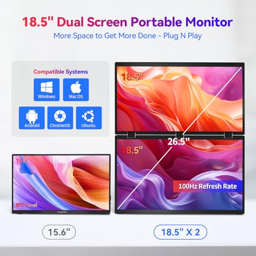 AUSDOM 18.5" Stacked Dual Portable Monitor for Laptop, 100Hz 1080P Foldable Screen Extender, 360° Folding Double External Display with Stand & VESA, USB-C, mini-HDMI, Travel Monitor for Win/Mac, Black - Image 2