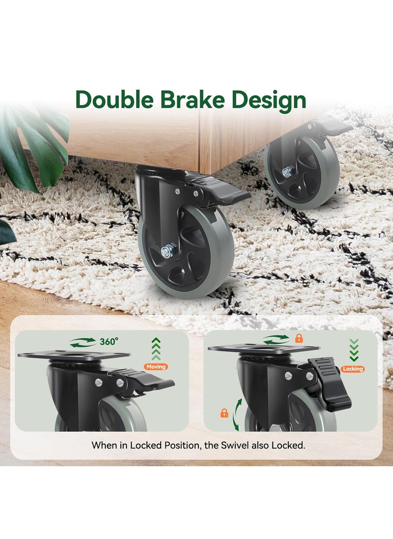BZOLIHEU 5 Inch Caster Wheels Casters Set of 4 Heavy Duty BZOLIHEU Locking Casters Silent Top Plate Swivel Casters with Brake Grey Polyurethane Castor Wheels for Furniture and Workbench Cart  - Image 5