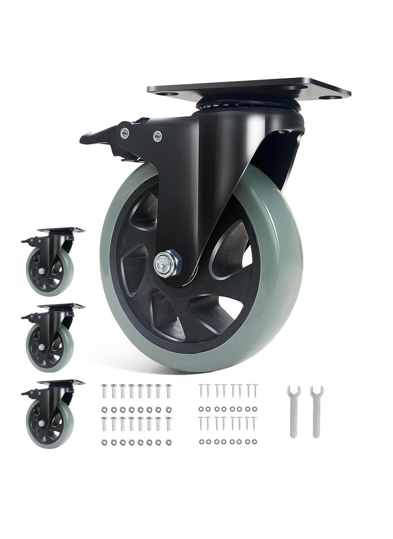 BZOLIHEU 5 Inch Caster Wheels Casters Set of 4 Heavy Duty BZOLIHEU Locking Casters Silent Top Plate Swivel Casters with Brake Grey Polyurethane Castor Wheels for Furniture and Workbench Cart  - Image 1