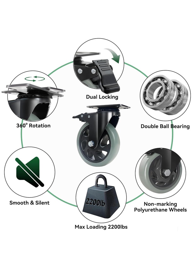 BZOLIHEU 5 Inch Caster Wheels Casters Set of 4 Heavy Duty BZOLIHEU Locking Casters Silent Top Plate Swivel Casters with Brake Grey Polyurethane Castor Wheels for Furniture and Workbench Cart  - Image 3
