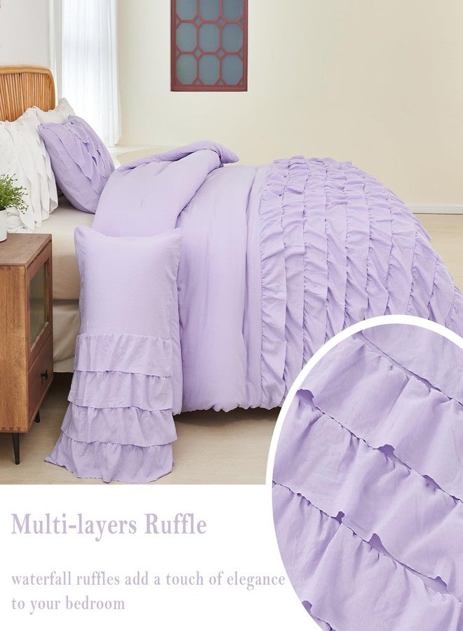 PERFEMET Lavender Comforter Set Queen Size, 3 Pieces Multi Layers Ruffle Bedding Set for Girls Kids, Washed Microfiber Princess Bed Set, Farmhouse Boho Preppy Bedding Set (Purple,Queen) - Image 4