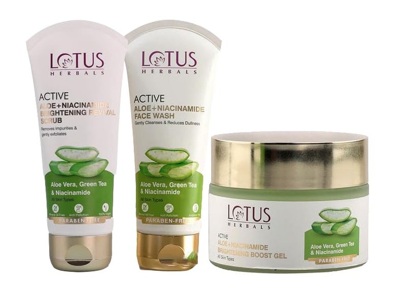 LOTUS HERBALS Lotus Herbals Active Aloe Niacinamide Brightening Boost Gel 50gm FACE WASH 100g Scrub 100g Set of 3 - Image 1