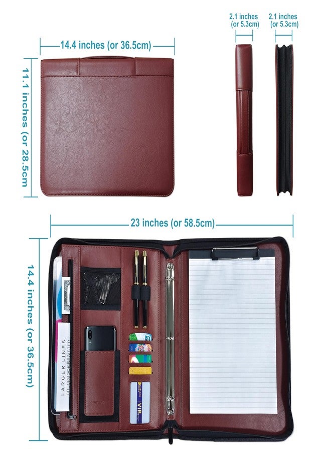 WEYEAH Faux Leather Executive Portfolio with Handle, Business Zippered Padfolio with 3 Ring Binder and Writing Notepad, Document Organizer Folio for Men and Women (Brown) - Image 2