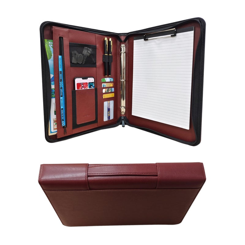 WEYEAH Faux Leather Executive Portfolio with Handle, Business Zippered Padfolio with 3 Ring Binder and Writing Notepad, Document Organizer Folio for Men and Women (Brown) - Image 1