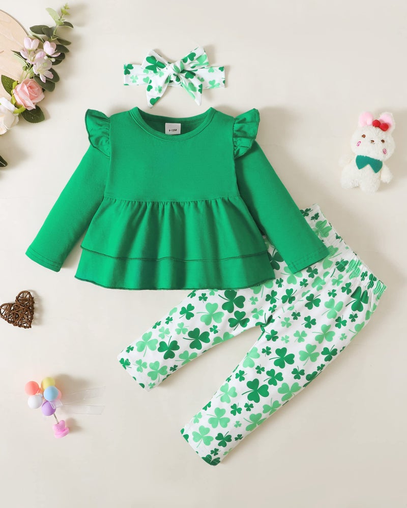 SODLON Toddler Girl Clothes 3T St. Patrick's Day Outfit 2T Girls Clothing Long Sleeve Ruffle T-Shirts Shamrock Print Pants Headband Winter Fall Clothing Sets Green - Image 2