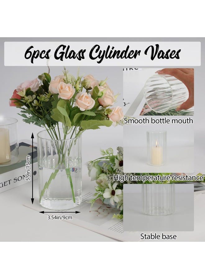 IANFEPH 6pcs Glass Cylinder Vases for Centerpieces, 6 Inch Tall Clear Ribbed Vases Bulk for Wedding Glass Floating Candle Holder for Dinner Table, Fireplace, Party, Home Decor - Image 2