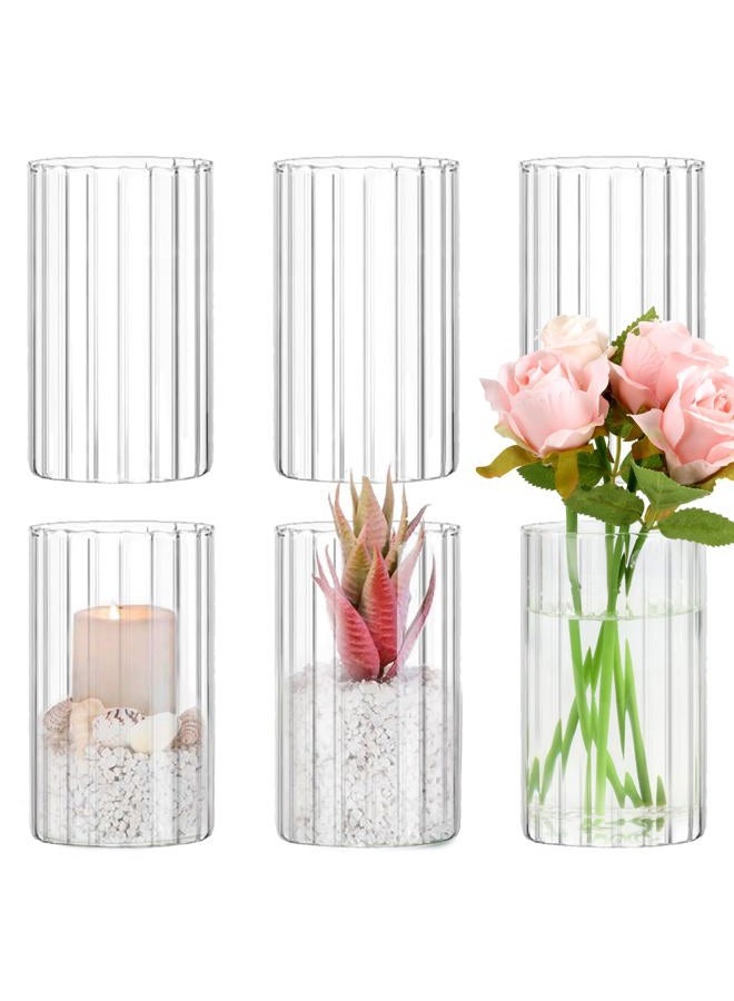 IANFEPH 6pcs Glass Cylinder Vases for Centerpieces, 6 Inch Tall Clear Ribbed Vases Bulk for Wedding Glass Floating Candle Holder for Dinner Table, Fireplace, Party, Home Decor - Image 1