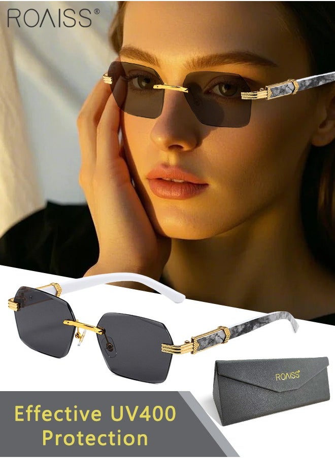 roaiss - Rimless Hexagon Retro Sunglasses for Women, UV 400 Protective Lens and Marble Pattern Design on Arms, Stylish Tint Lense Eyewear for Travel Outdoor Activities, 57mm - Image 1