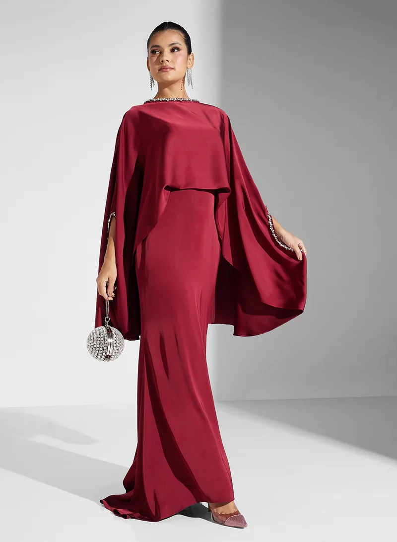 Akadia Fashion cape sleeve crystal neck dress