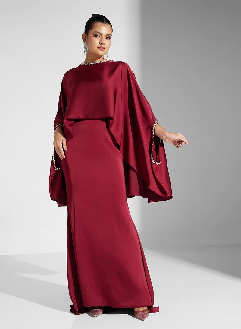 Akadia Fashion cape sleeve crystal neck dress