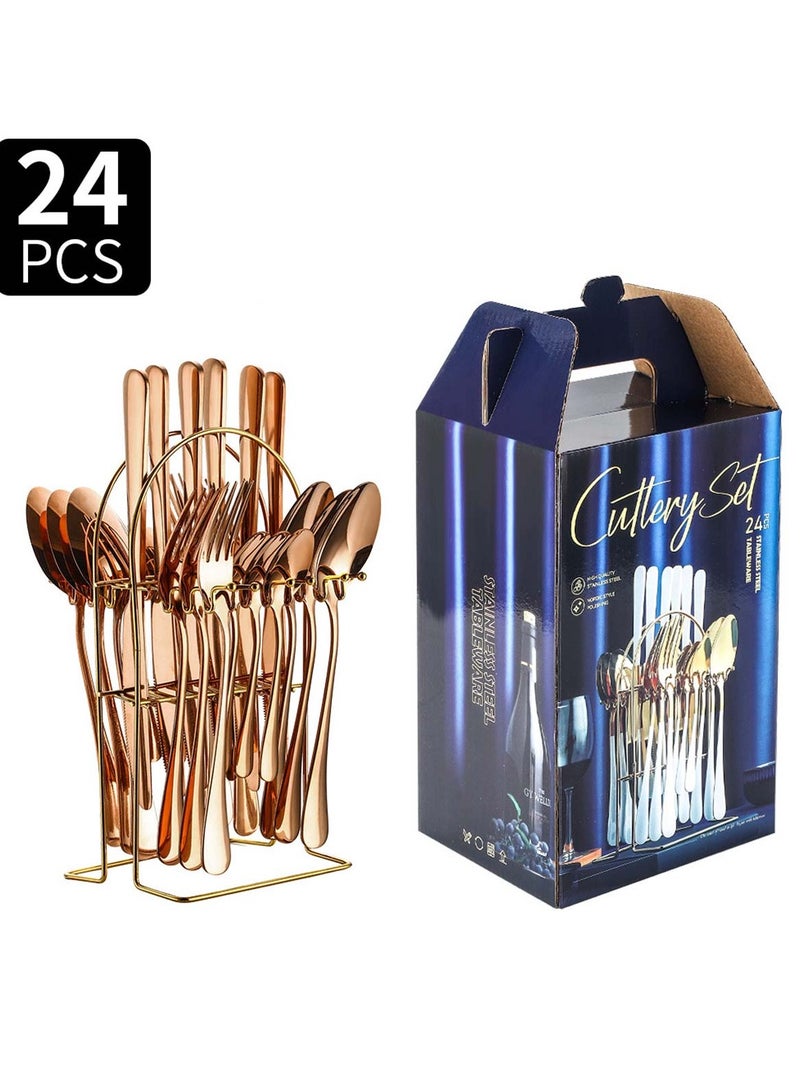 Huitich 24-Piece Stainless Steel Cutlery Set with Stand Rose Gold Finish - Image 1