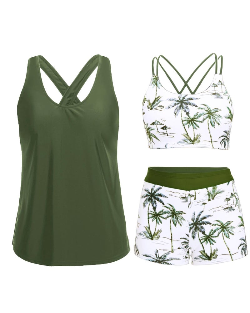 Holipick Green Palm Tree 3 Piece Tankini Swimsuits for Women Tummy Control Bathing Suits Swim Tank Top with Bra Boy Shorts Teen Swimwear L - Image 1