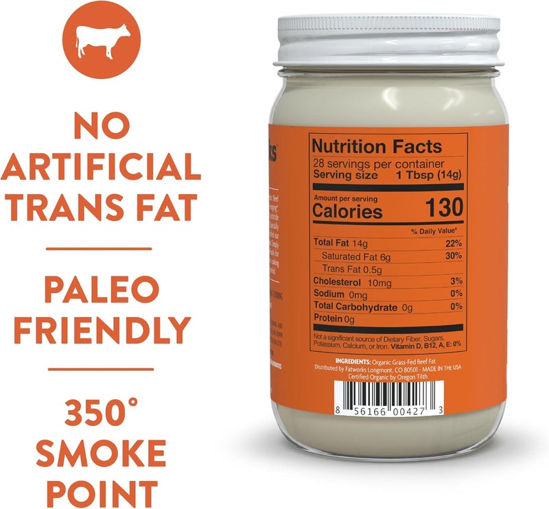 Fatworks Organic Grass-Fed Beef Tallow - Certified Organic Non-GMO Cooking Oil, 14 oz - Image 2