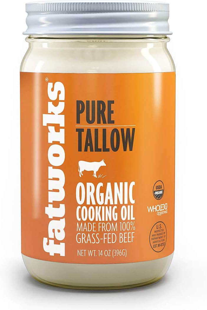 Fatworks Organic Grass-Fed Beef Tallow - Certified Organic Non-GMO Cooking Oil, 14 oz - Image 1