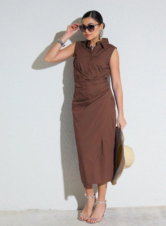 ساسافراس Brown Side Pleated Sleeveless Midi Dress